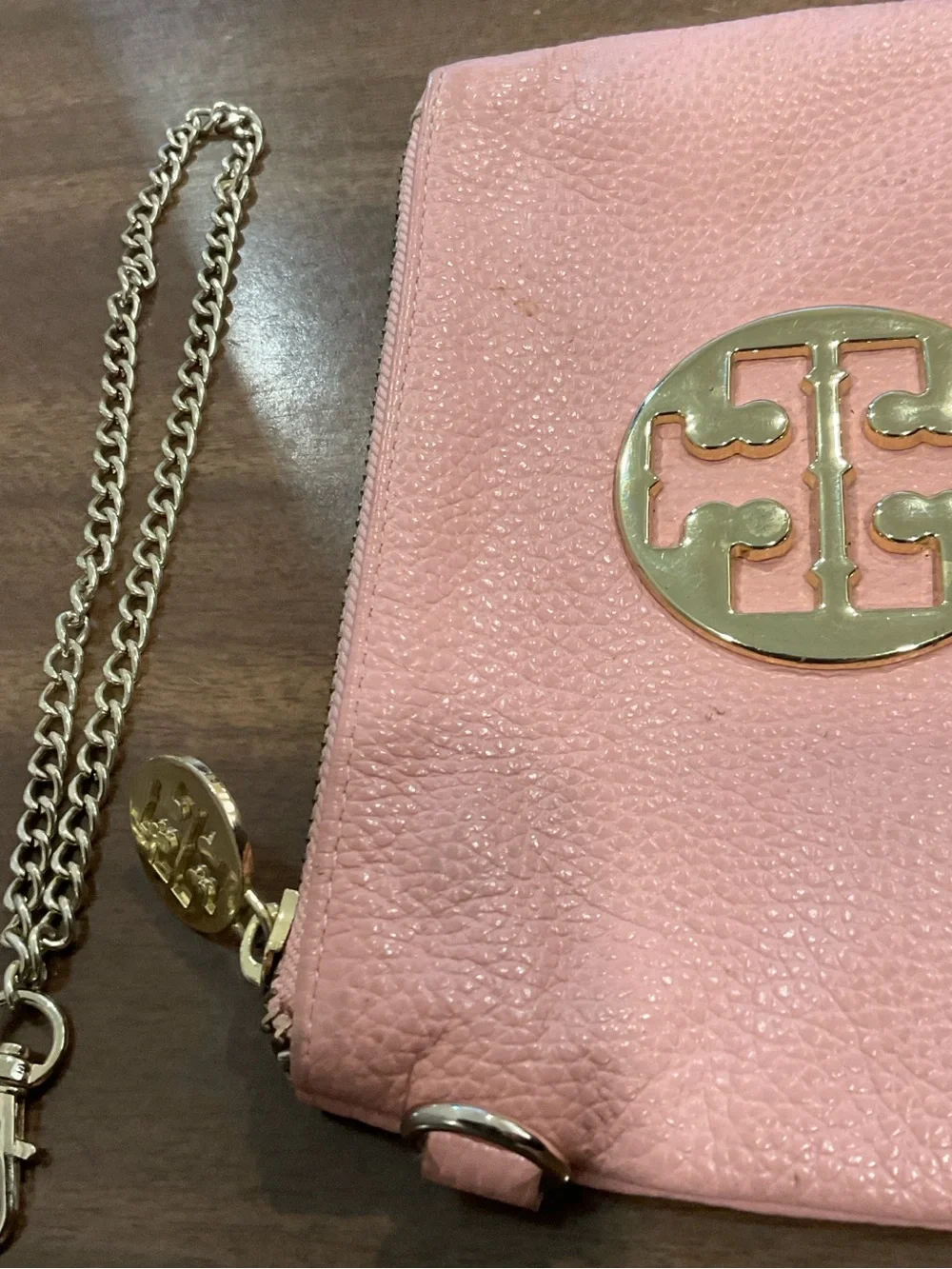 Tory Burch Pink Leather Wristlet with Gold Logo and Chain coin purse